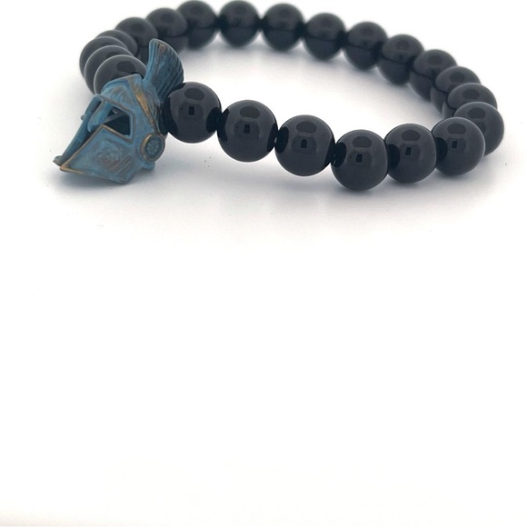 Beaded 8MM Onyx Stone Beads Antique Finish Spartan Head Elastic Bracelet - Picture 4 of 4